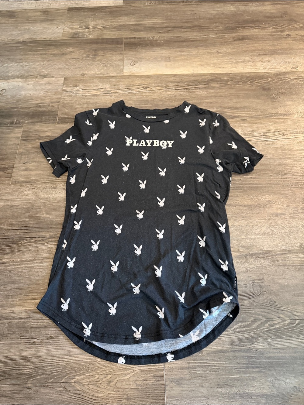 PLAYBOY Black Tee with White Bunny Pattern